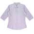 A light purple, 3/4 sleeve button-up shirt with a fitted design and collar, featuring a logo.