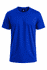 A blue t-shirt with a round neckline and short sleeves, featuring a logo on the inside label.