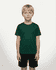 A green short-sleeved T-shirt for kids, displayed on a young model wearing black shorts. The shirt features a logo.
