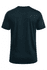 A black t-shirt with a round neckline and short sleeves. The back view is displayed, featuring a logo.