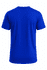 A bright blue t-shirt with a crew neck and short sleeves, featuring a branding logo on the back.
