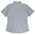 A short-sleeve button-up shirt featuring a navy and white gingham pattern and a collar, with a logo on the back.