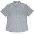 A short-sleeve button-up shirt featuring a black and white gingham pattern and a collar. It has a logo on the label.