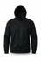 A black men's hoodie with a front pocket and a hood, featuring a logo on the front.