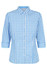 A button-up shirt featuring a blue and white gingham pattern with three-quarter sleeves and a collar. It has a logo.