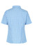 A short-sleeved button-up shirt in blue and white check pattern, featuring a classic collar and a logo.