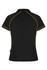 A black polo shirt with yellow contrast stitching and a branding logo.