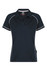 A navy polo shirt with white piping and a branded logo on the chest.