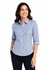 A button-up shirt in navy blue and white gingham pattern with 3/4 sleeves, featuring a collar and buttons.