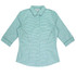 A 3/4 sleeve button-up shirt in a green and white gingham pattern, featuring a collar and a logo.