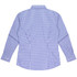 A long sleeve button-up shirt featuring a blue and white checkered pattern, with a collar and cuff details.