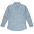 A long sleeve button-up shirt in a green and white gingham pattern with a subtle logo.