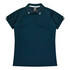 A navy blue polo shirt for women featuring a collar, buttons, and a branding logo.