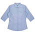 A light blue button-up shirt with 3/4 sleeves and a collar, featuring a fitted design and branding.