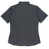 A dark green and white striped short-sleeve button-up shirt with a collared neckline and a logo.