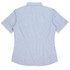 A short sleeve button-up shirt in light blue with a striped pattern, featuring a collar and a logo.