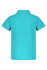 A turquoise polo shirt for kids with a classic collar and short sleeves, featuring a logo.
