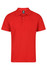 A red polo shirt with a collar, short sleeves, and a branding logo on the label.