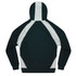 A green and grey hoodie featuring a distinctive colour-block design and a hood, with a logo on it.
