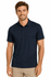 A navy men's polo shirt featuring a collar and short sleeves, displayed on a model. Includes a logo.