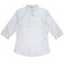 A white button-up shirt with 3/4 sleeves and a logo on the label.