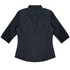 A dark grey button-up shirt with 3/4 sleeves and a fitted design, featuring a logo.