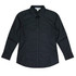 A black long sleeve button-up shirt with a collar and a front button closure, featuring a logo.