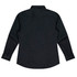 A black button-up shirt with long sleeves and a plain back design, featuring a logo on the label.