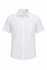 A short-sleeve white button-up shirt with a single pocket and a logo on the chest area.