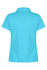 A turquoise polo shirt with a collar and short sleeves, featuring a logo on the back.