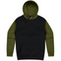 A black and olive green hoodie featuring a kangaroo pocket and a hood. It has a logo on the front.