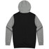 A hoodie featuring a black body and grey sleeves, with a kangaroo pocket and a hood. It has a logo on the front.