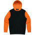 A black and orange hoodie with a front pocket and an attached hood. It features a logo on the inside label.