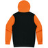 A black hoodie with an orange hood and sleeves, featuring a logo on the back.