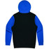A hoodie featuring a blue hood and sleeves with a black body, designed for kids. It has a logo on the back.