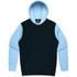 A hoodie featuring a black body and light blue sleeves, complete with a front pocket and a hood.