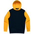A navy and yellow hoodie with a front pocket and a hood. It features a logo on the inside of the neck.