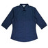 A navy blue button-up shirt with 3/4 sleeves and a collar, featuring a logo on the fabric.
