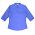 A button-up shirt in a vibrant purple with 3/4 sleeves and a fitted design. It features a collar and buttons down the front.