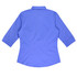 A blue 3/4 sleeve button-up shirt with a curved hem and a collar, featuring a logo.
