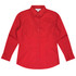 A red long-sleeve button-up shirt with a collar and an embroidered logo.