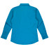 A long sleeve button-up shirt in a vibrant teal colour, featuring a back view with a collar and button details.