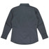A long sleeve button-up shirt in a dark grey colour, featuring a back view and two-button cuffs. It has a logo.