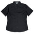 A short-sleeve black button-up shirt with a fitted design and collar. It features a logo on the label.