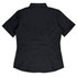 A short-sleeve, button-up shirt in black, featuring a fitted design and a back yoke, with a logo present.