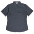 A short sleeve button-up shirt in dark grey with a collar and a logo.