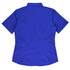 A short-sleeve button-up shirt in vibrant blue with a fitted design and a collar. Features a logo on the back.