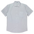 A short-sleeve button-up shirt in light grey with a chest pocket and a collar, featuring a logo.