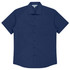 A short sleeve button-up shirt in navy blue with a single chest pocket and a logo.