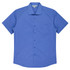 A short sleeve button-up shirt in a vibrant blue colour, featuring a chest pocket and a collar.